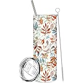 FYSUIMU Fall Tumbler with Lid Straw Watercolor Leaves Stainless Steel Cup Orange Blue Green Leaves Tumbler Cup for Autumn Thanksgiving Supplies