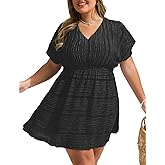 Hanna Nikole Plus Size Swimsuit Coverup, Textured Striped Elastic Waisted Coverups, V Neck Side Split Beach Cover Up