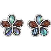 925 Sterling Silver Koa Wood and Abalone Shell Hawaiian Mauka to Makai Plumeria Flower Stud Post Earrings, Nickel Free Hypoallergenic for Sensitive Skin, Gift Box Included