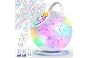 Bubble Machine, Rechargeable Bubble Blower with Remote Control, 10-Hole Bubble Maker for Kids, 7-Color Lights, 90°/360° Rotat