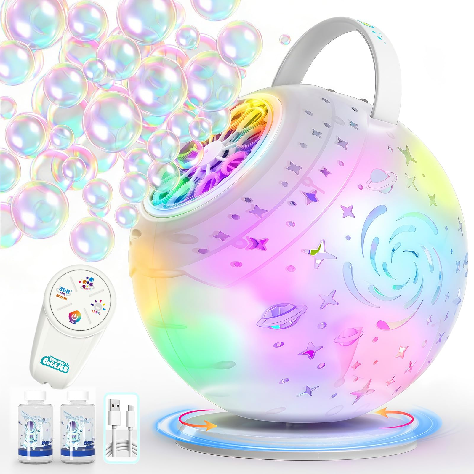 Tecnock Rechargeable Remote Control Bubble Machine 90°/360°Rotation, 7-Color LED, 1200mAh Battery, Larger Bubbles, Type-C Bubbles Maker Toys Gifts for Kids, Birthday, Parties, Wedding, Boys, Girls