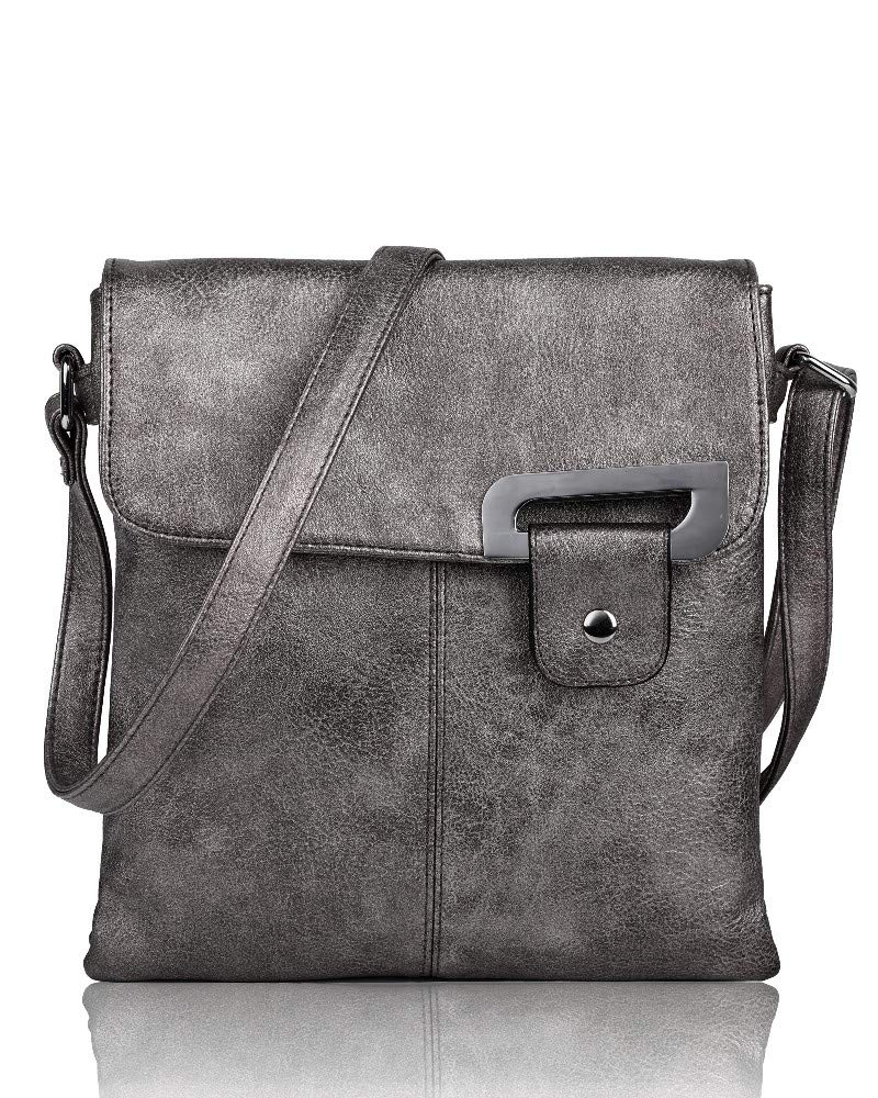 New Women's 2 Compartments High Quality Faux Leather Flip Handbag Crossbody Messenger Shoulder Bag (Silver)