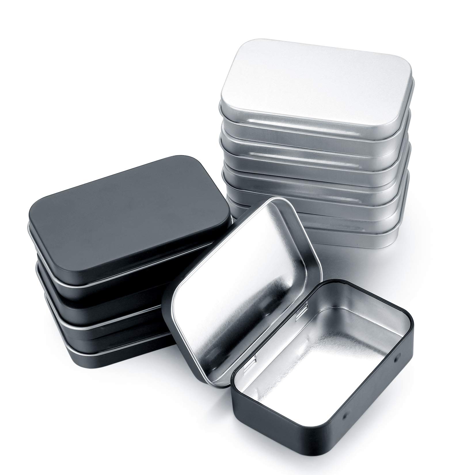 HAOCHEN 8 Pieces Rectangular Small Tin Boxes, Tins Containers, Empty Hinged Tins with Lids, Metal Storage Tin Box with Lid for Candy Key Earring Coin Organizer, Black+Silver, 3.74x2.4x0.8 Inch