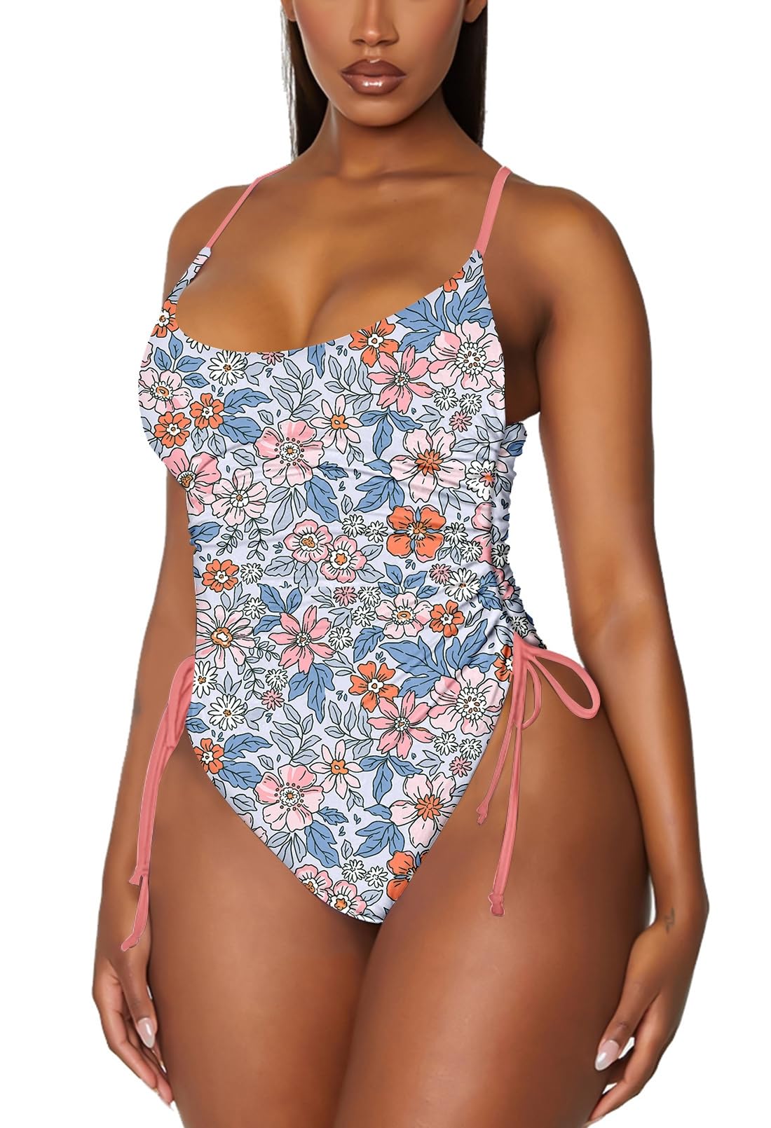 Photo 1 of Viottiset Women's Drawstring One Piece Swimsuit Tummy Control High Cut Cheeky Bathing Suit Sky Blue Flower Printed M