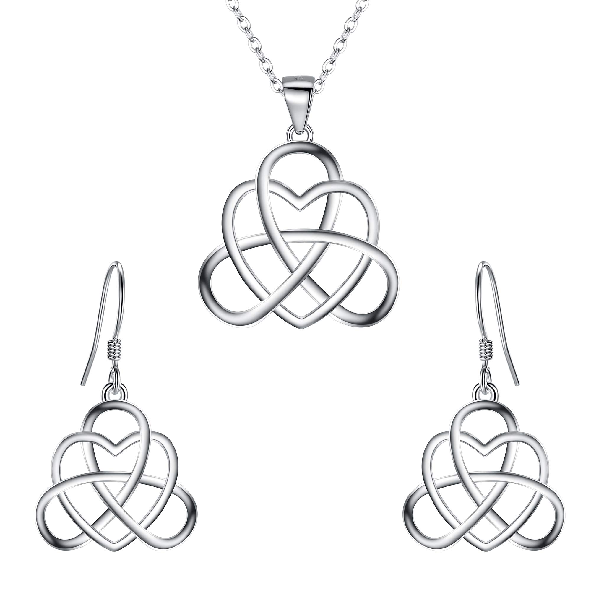 Clearine 925 Sterling Silver Vintage Heart Shaped Irish Celtic Knot Triquetra Pendant Necklace Dangle Earrings Set Valentines/Mothers Day/Birthday/Christmas Jewellery Gift for Women
