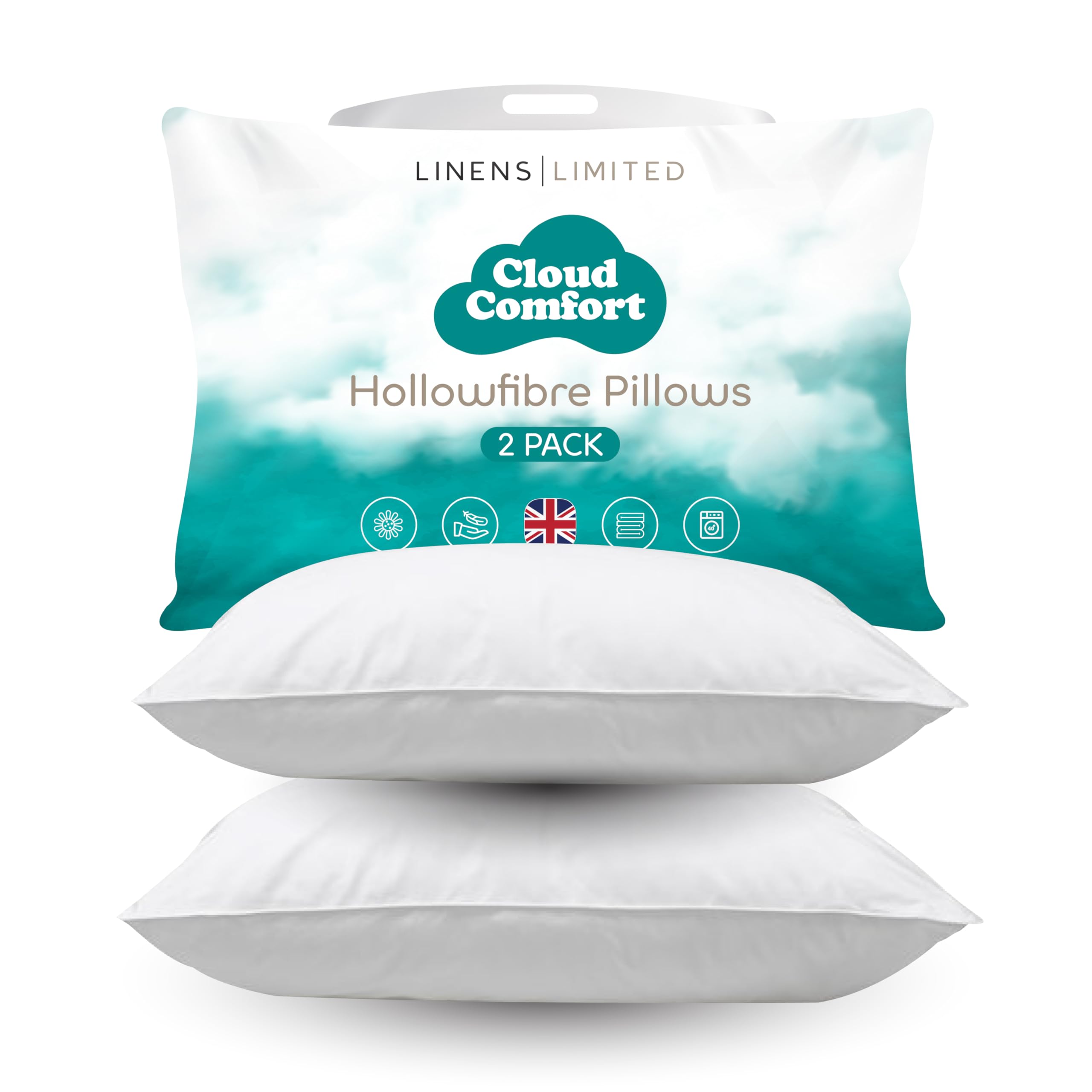Linens Limited - Soft Pillows 2 Pack, Made in the UK, Cloud Comfort, Soft and Firm with Orthopedic Support, Non-Allergenic Polycotton Polyester Hollowfibre, Machine Washable (White)