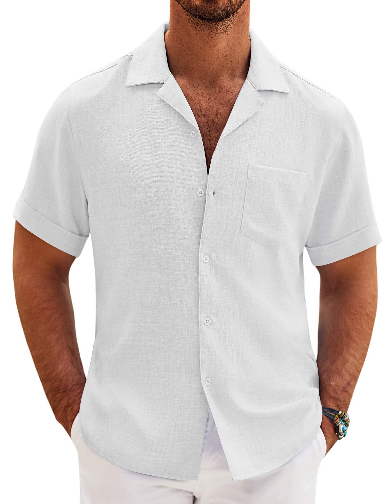 Photo 1 of COOFANDY Mens Casual Short Sleeve Button Down Shirts Cuban Linen Textured Shirt Summer Beach Wear (White, Large)