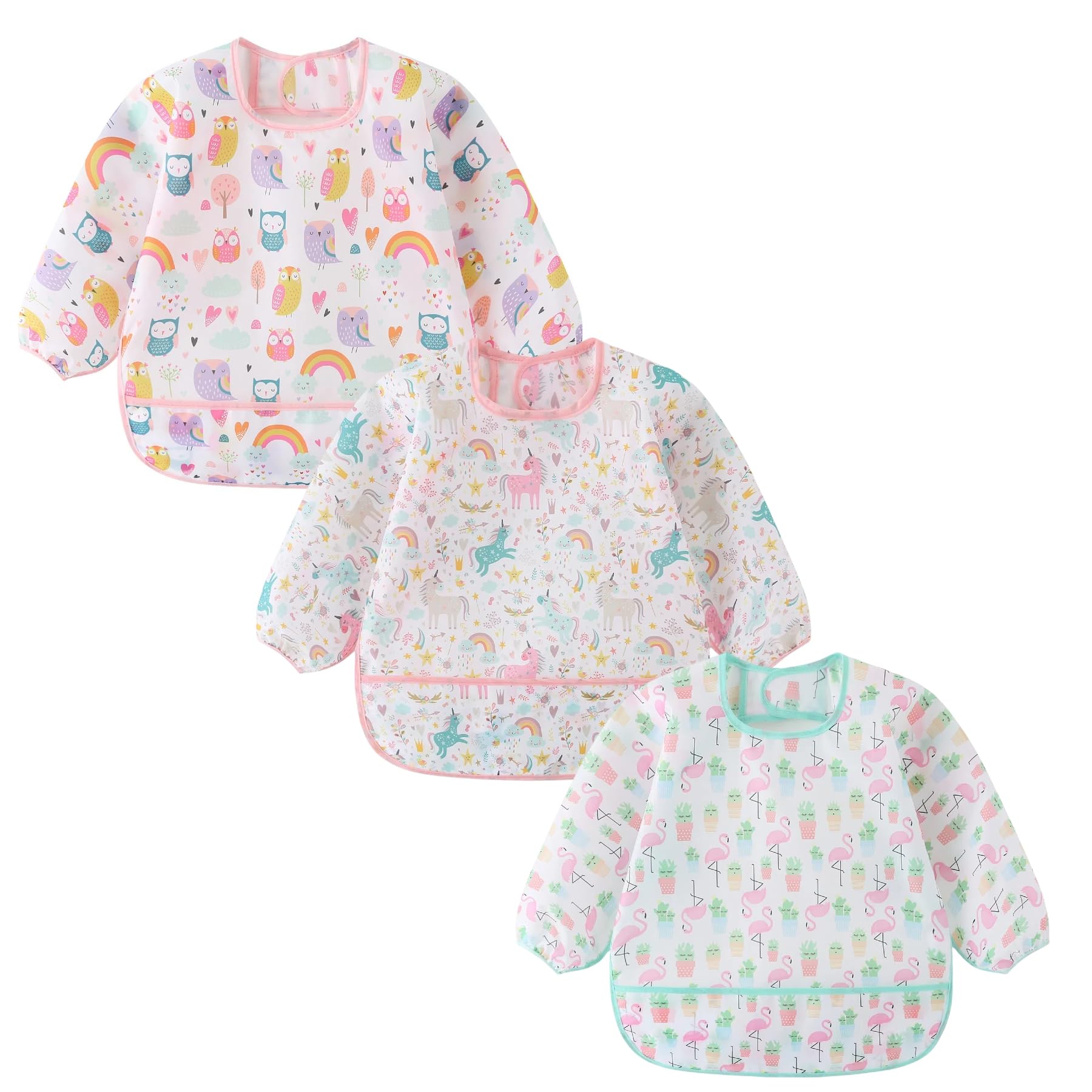 ElecMotive Long Sleeve Bibs 3 Pack Waterproof Sleeved Bib Baby Toddler Soft Bib for 6-30 Months