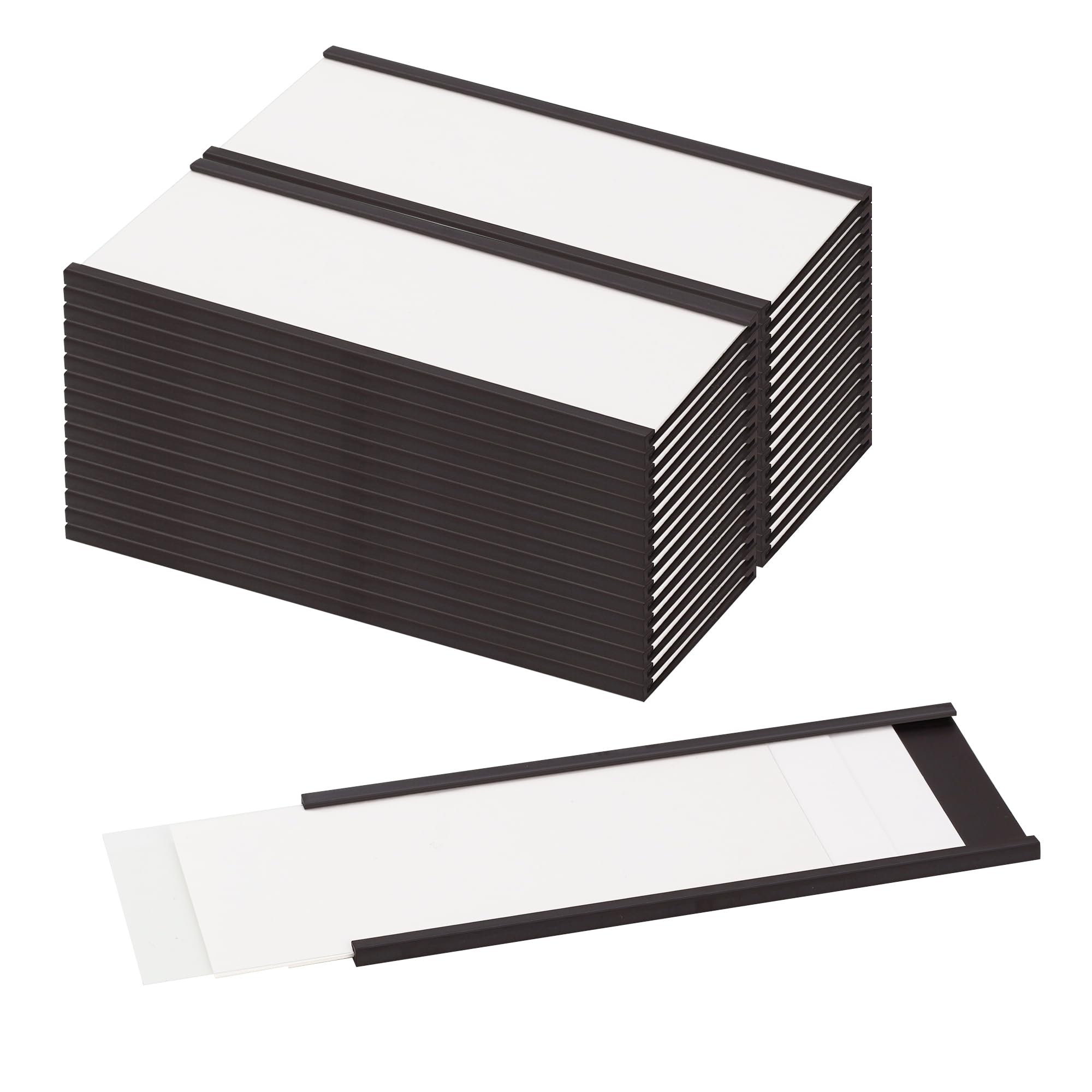 LLPT Magnetic Label Holder | 40MM x 100MM | Pack of 26 with Paper Inserts and Plastic Protectors | Mess Free Reusable for Shelf White Board Toolbox Metal Wall Cabinet Drawer (MH41626)