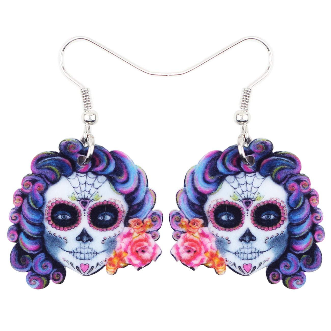 Bonsny Acrylic Drop Dangle Halloween Skeleton Skull Earrings Punk Jewelry For Women Gift (Purple)