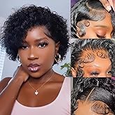 Msviki Curly Pixie Cut Wigs with Bangs Human Hair for Black Women Non Lace Full Machine Made Cap Human Hair Pixie Wig Brazilian Virgin Glueless Bob Wig Short Layered Wigs For Women