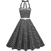 Vintage Pin up Rockabilly Dress for Women 50s Halter 1950s Polka Dot Dress Audrey Hepburn Cocktail Swing Dresses with Belt