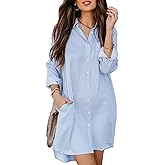 Aoudery Womens Button Down Shirt Dresses with Pockets Striped Cotton Shirts Collared Long Sleeve High Low Blouse Tops