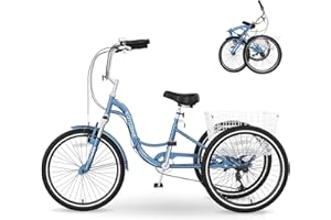 MOPHOTO Adult Folding Tricycle 7 Speed 20/24/26 Inch Adult Tricycles Three Wheel Bike Cruiser Trike with Low-Step Through Frame/Large Basket/Adjustable Seat