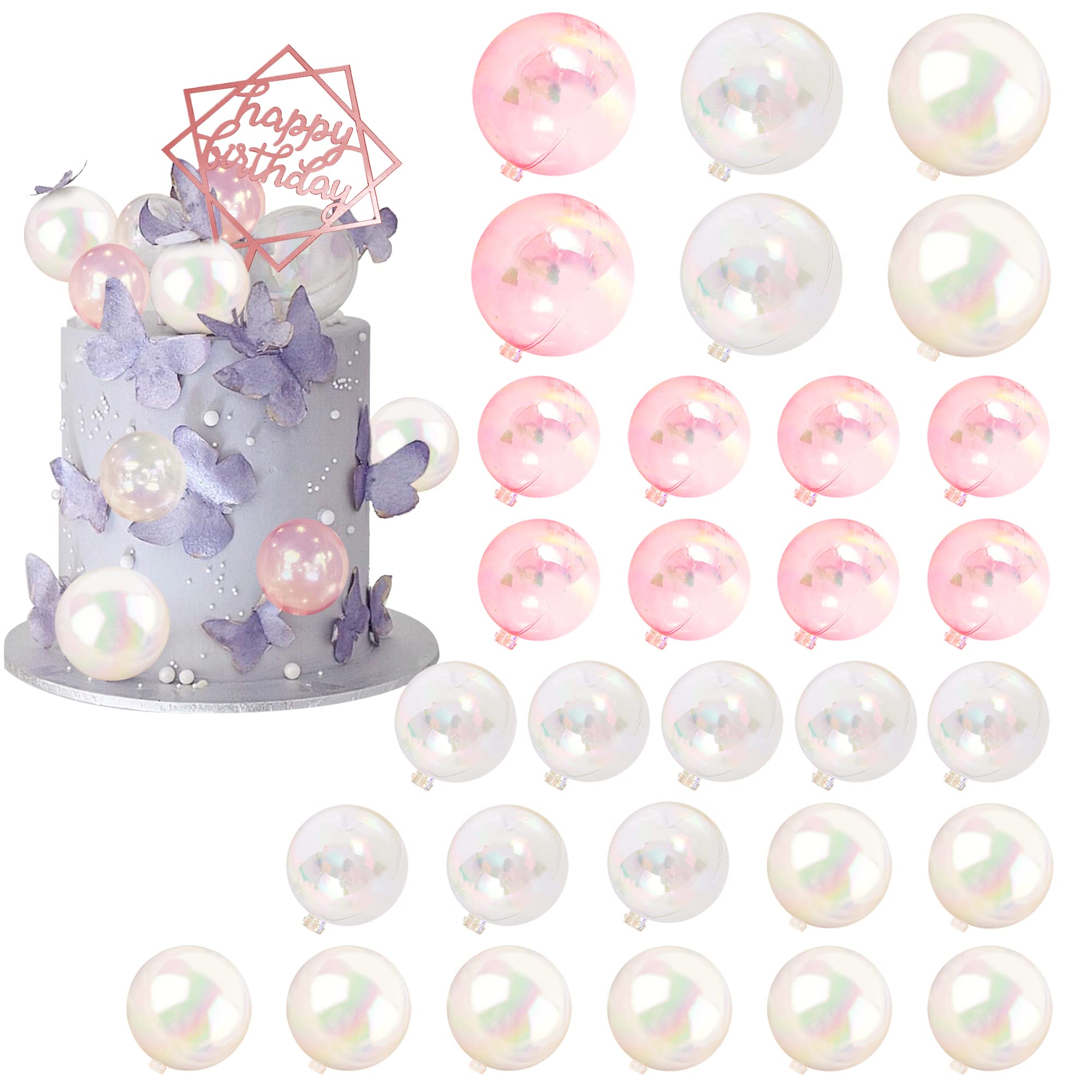 Photo 1 of 31 PCS Mini Colorful Balls Cake Topper DIY Cake Insert Topper Artificial Dried Flowers Cake Decorations for Wedding Anniversary Baby Shower Birthday Party Cake Decoration (Clear White Pink)