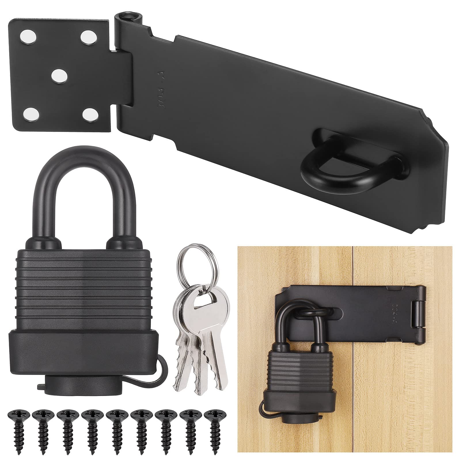 Stainless Steel Door Latch Hasp With Padlock and Screw, Heavy Duty Hasp and Staple, Gate Lock, Waterproof Shed Lock for Bedroom, Patio, Garden Gate (Black)