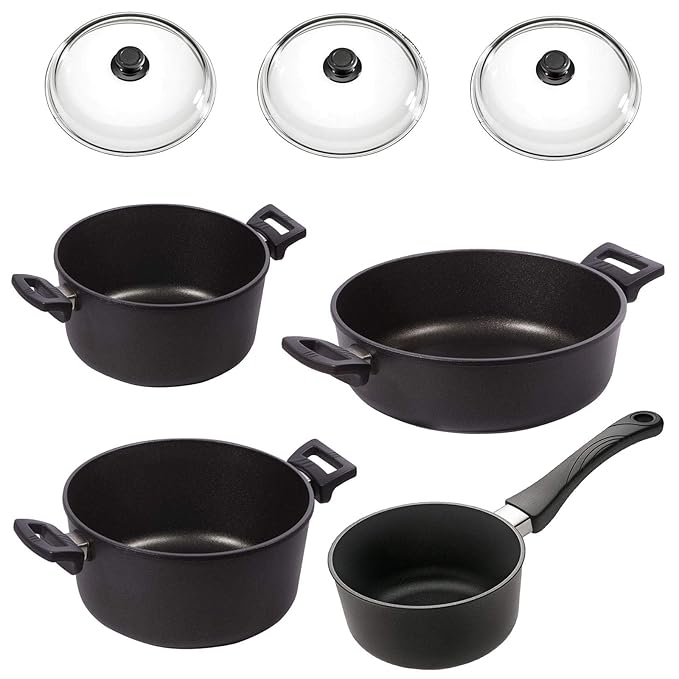 Eurolux Kochtopf Set Induktion 6-teilig antihaft Aluguss Bratentopf Kochtöpfe Stieltopf (Griff abnehmbar) PFOA frei inkl. Gla