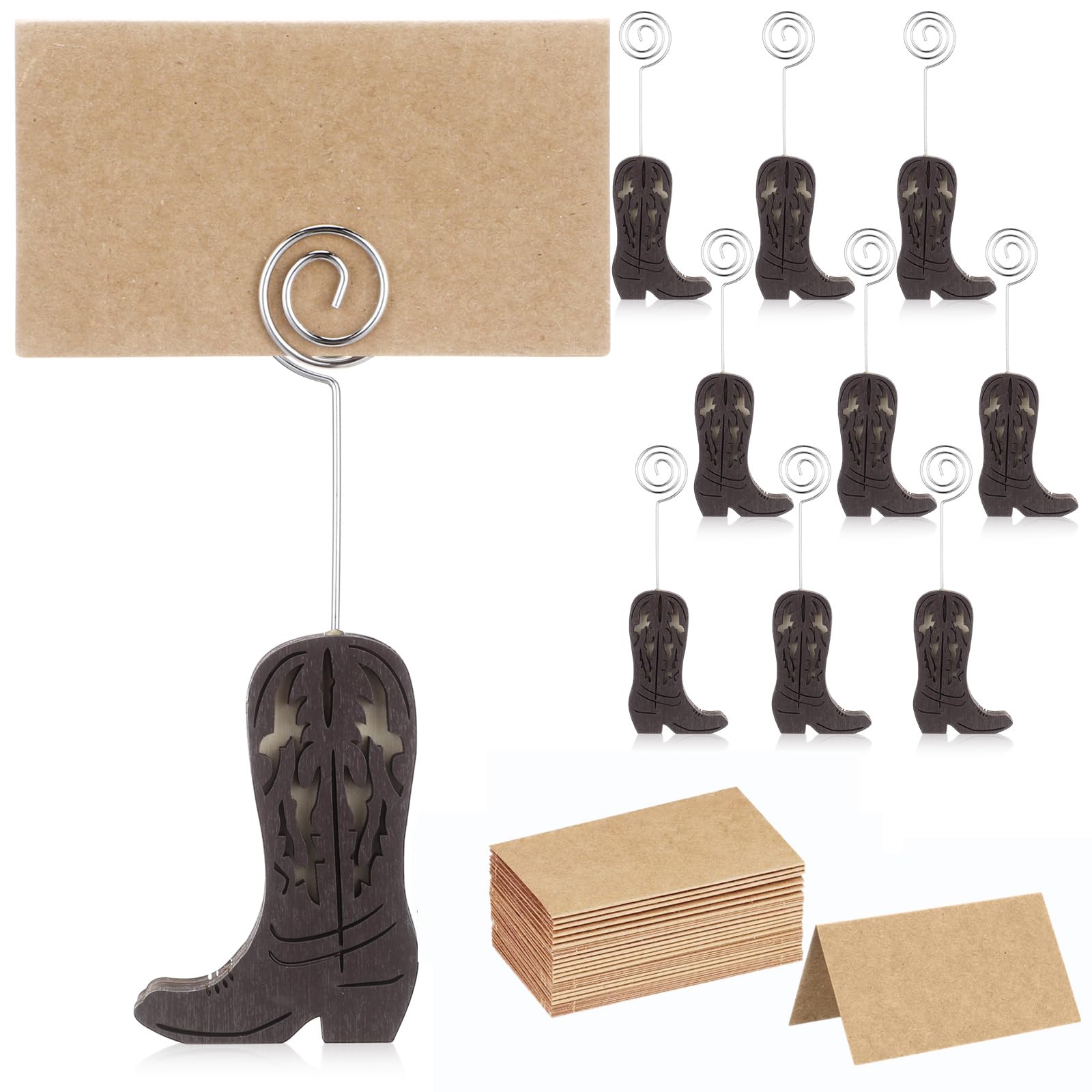 Photo 1 of Havawish 10 Set Wooden Cowboy Boot Place Card Holders and Kraft Place Cards Double Sided Pattern Cowboy Boot Table Number Photo Holder Menu Memo Clip Decoration for Wedding Party Favor (Dark Brown)