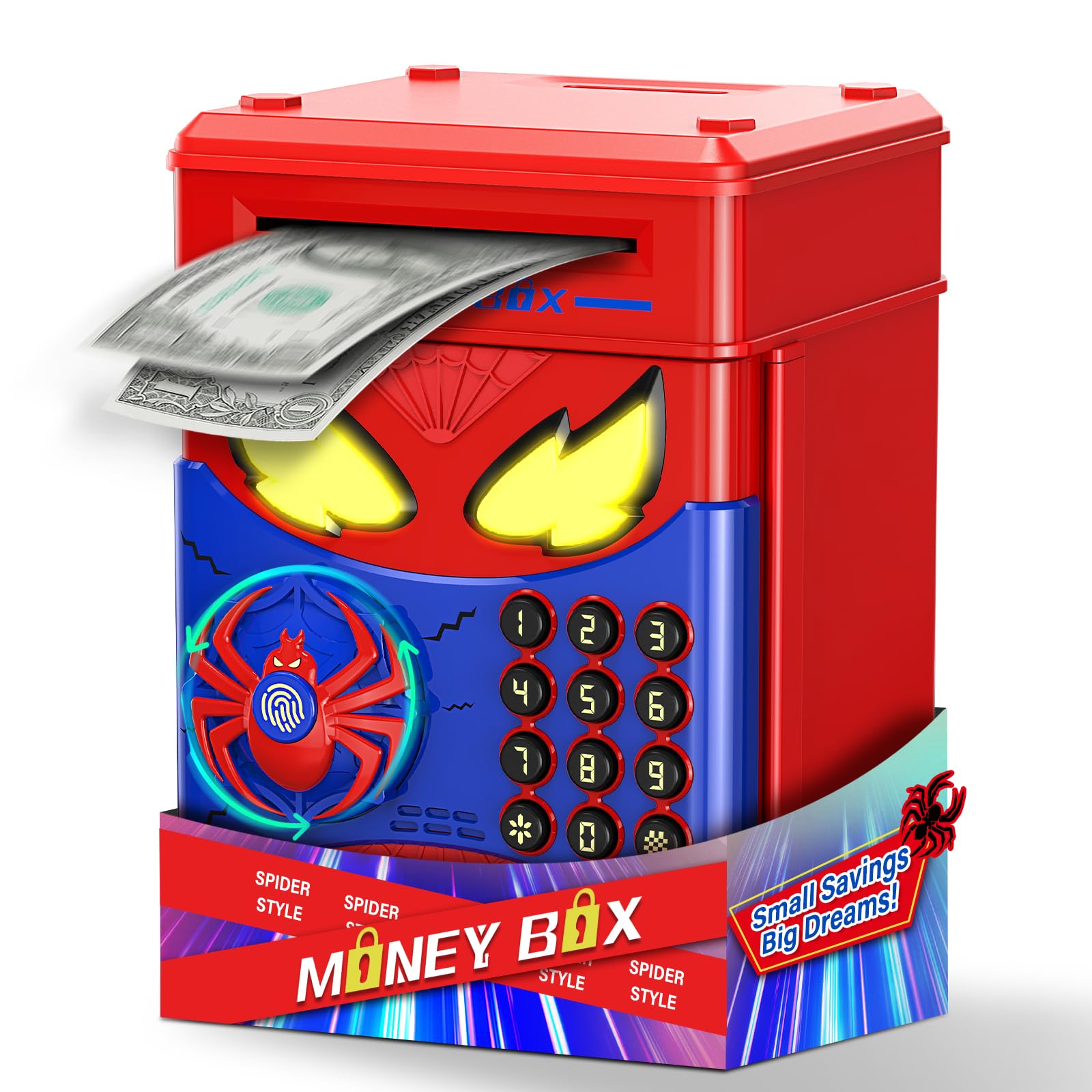 Photo 1 of Wrystte Spider Piggy Bank for Kids,Electronic Money Box with Fingerprint,ATM Safe Coin&Cash Saving Box,Kids Toys for Age 4 5 6 7 8,Christmas Birthday Gifts for 9 10 11 12 Year Old Boys Girls(Blue)