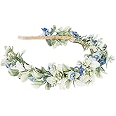 KorViSHOW Green Fairy Flower Headband - Forest Greenery Floral Headpiece Woodland Artificial Blue Flower Crown for Women Girls Bridal Wedding Renaissance Birthday Party Prom Hair Accessories