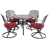Sumshadow Cast Aluminum Outdoor Patio Dining Set, All Weather Outdoor Furniture Dining Set for Patio, Balcony, Lawn, Garden, Backyard (1 Round Table+4 Red Swivel Dining Chairs)