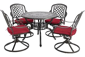 Sumshadow Cast Aluminum Outdoor Patio Dining Set, All Weather Outdoor Furniture Dining Set for Patio, Balcony, Lawn, Garden, Backyard (1 Round Table+4 Red Swivel Dining Chairs)