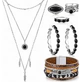 Ecally Western Turquoise Jewelry Set for Women | Layered Necklaces Bracelet Rings Earrings, Cowgirl Boho Accessories, Western Pendant, Silver Turquoise Set for Country Style