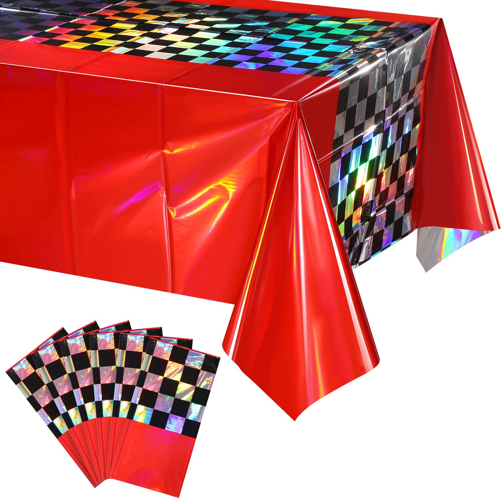 6Pack Iridescent Race Car Plastic Tablecloth, Disposable Shiny Laser Red and Black Checkered Table Cloth, Holographic Foil Rectangle Tablecloth for Race Car Boys Birthday Party Decorations, 54x108Inch