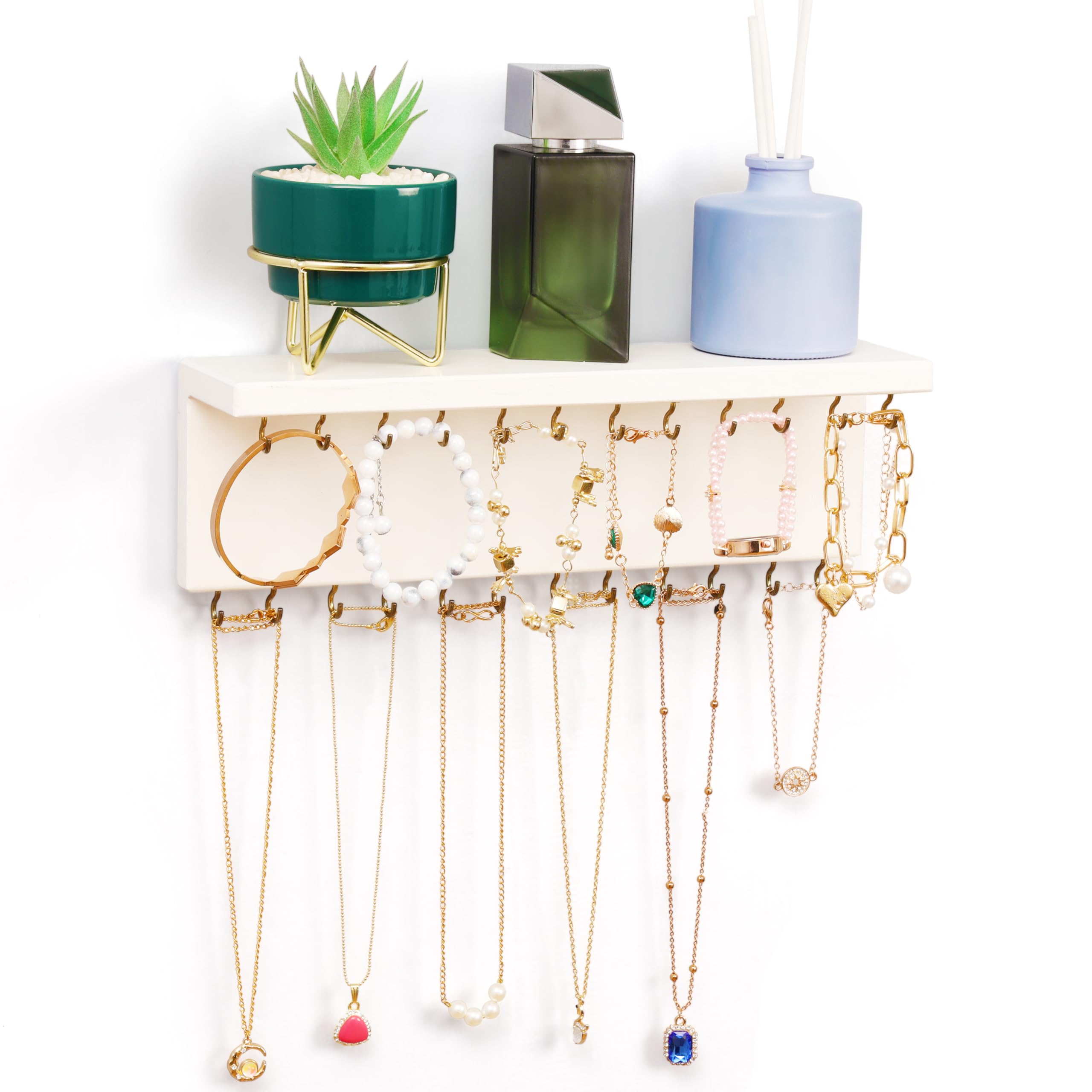 BELLE VOUS White Wall Mounted Jewellery Holder Organiser Shelf with 24 Hanging Hooks - L30.3 x W7.3cm/11.93 x 2.87 Inches - Rustic Wooden Storage Display for Necklaces, Bracelets, Earrings & Rings