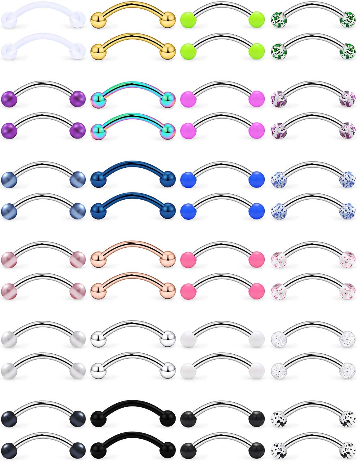 LAURITAMI 48PCS 14G Surgical Steel Snake Eyes Tongue Bar Curved Barbell Nipple Rings Snake Eyes Piercing 16mm Jewellery for Women Men