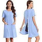 Deyeek Open Back Hospital Gowns for Women Tear Away Short Sleeve Post Surgery Soft Nightgowns for Elderly Women With Pocket