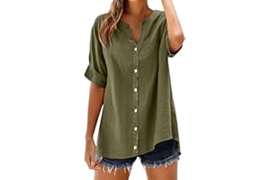 Summer Tops for Women Trendy 2026 Short Sleeve Cotton Linen Shirts V Neck Button Tunic Blouses Casual Spring Tees Plus Size