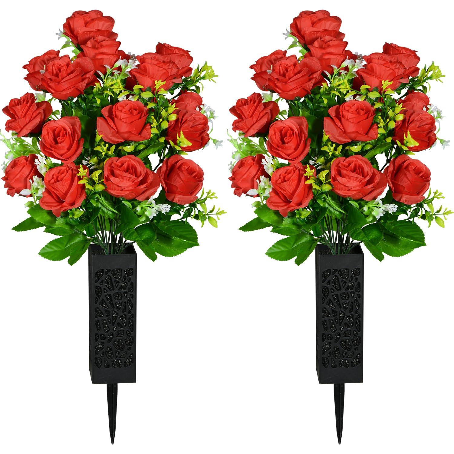 SIFOEL Artificial Cemetery Flowers with Vase, Artificial Rose Bouquet Grave Memorial Flowers for Cemetery Headstones Decoration (Red-2Pcs)