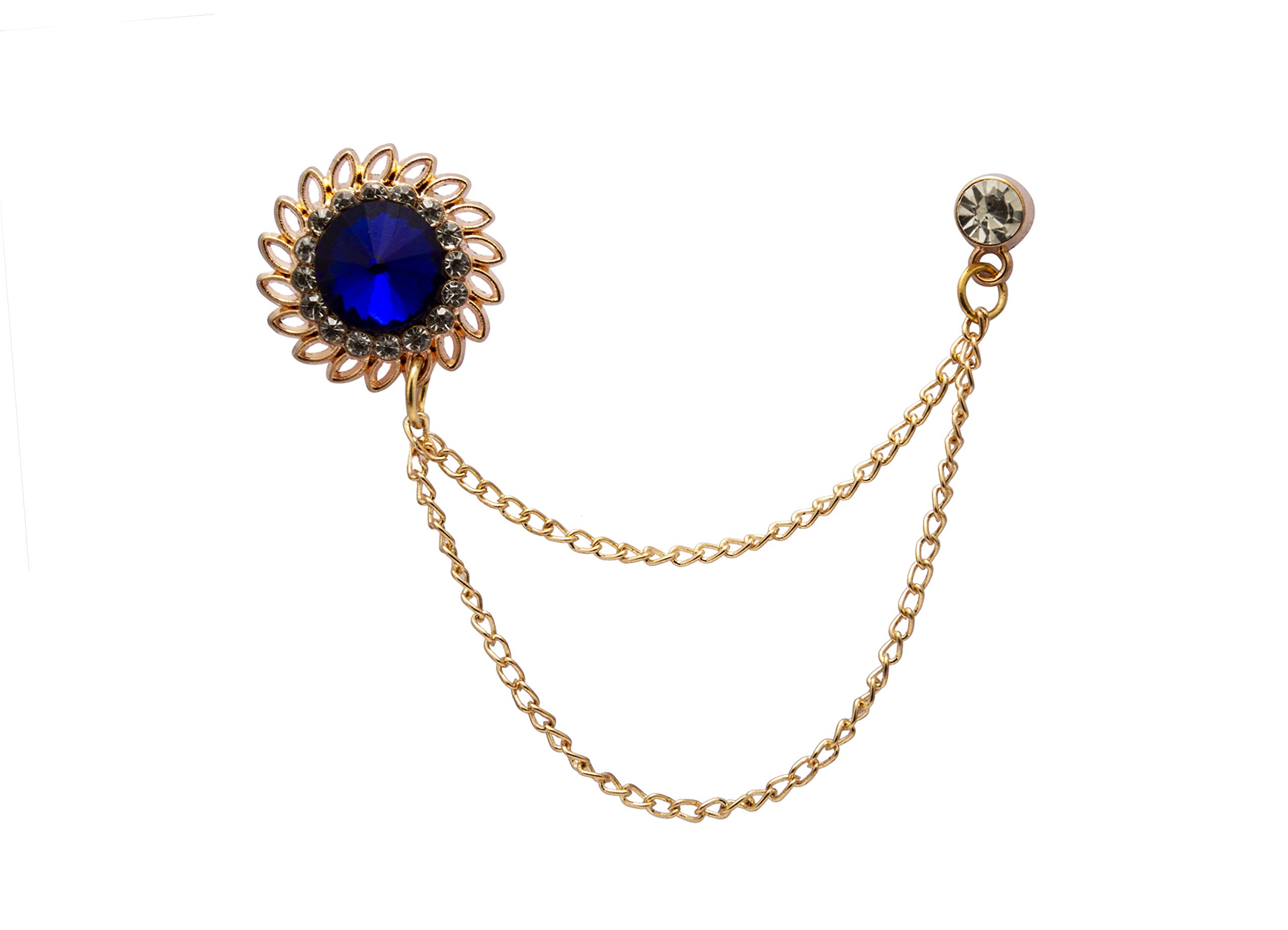 Brooch Lapel Pin for Men Royal Blue Stone with Crystal Engraving and Hanging Chain Lapel Pin Badge Coat Suit Wedding Gift Party Shirt Collar Accessories
