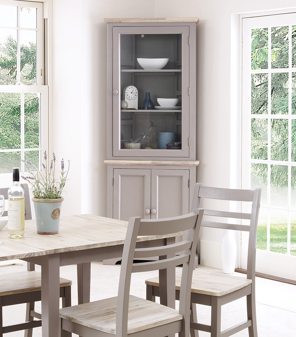 St Mawes Painted Shabby Chic Dove Grey Corner Glass Display