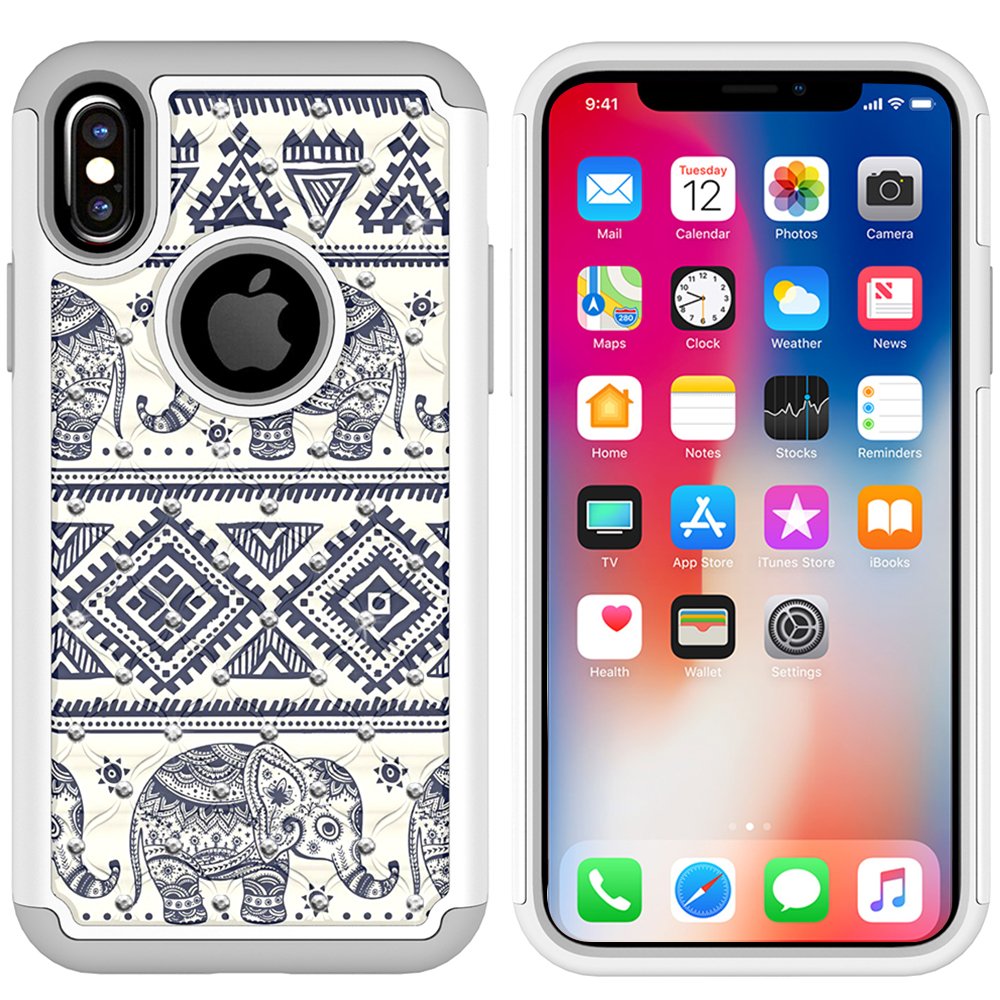 iPhone X Case, MagicSky [Shock Absorption] Studded Rhinestone Bling Hybrid Dual Layer Armor Defender Protective Case Cover for Apple iPhoneX - Elephant