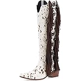 LACIKOSZ Cow Print Western Boots for Women Fringe Tall Cowboy Boots All Season Mid Heel Country Style Riding Boots with Side Zipper