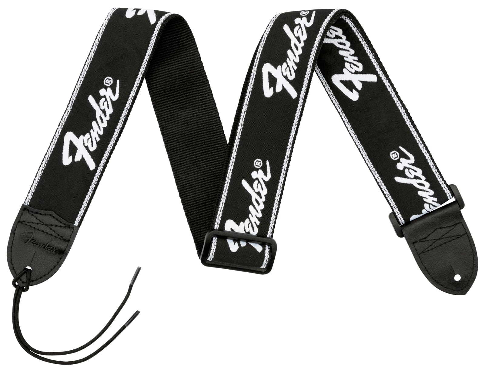 Fender Running Logo Guitar Strap, Adjustable 30 to 51 Inches, Reinforced Leather Ends, Comfortable 5cm Wide Polyester, Classic Black with White Stitching — image 1