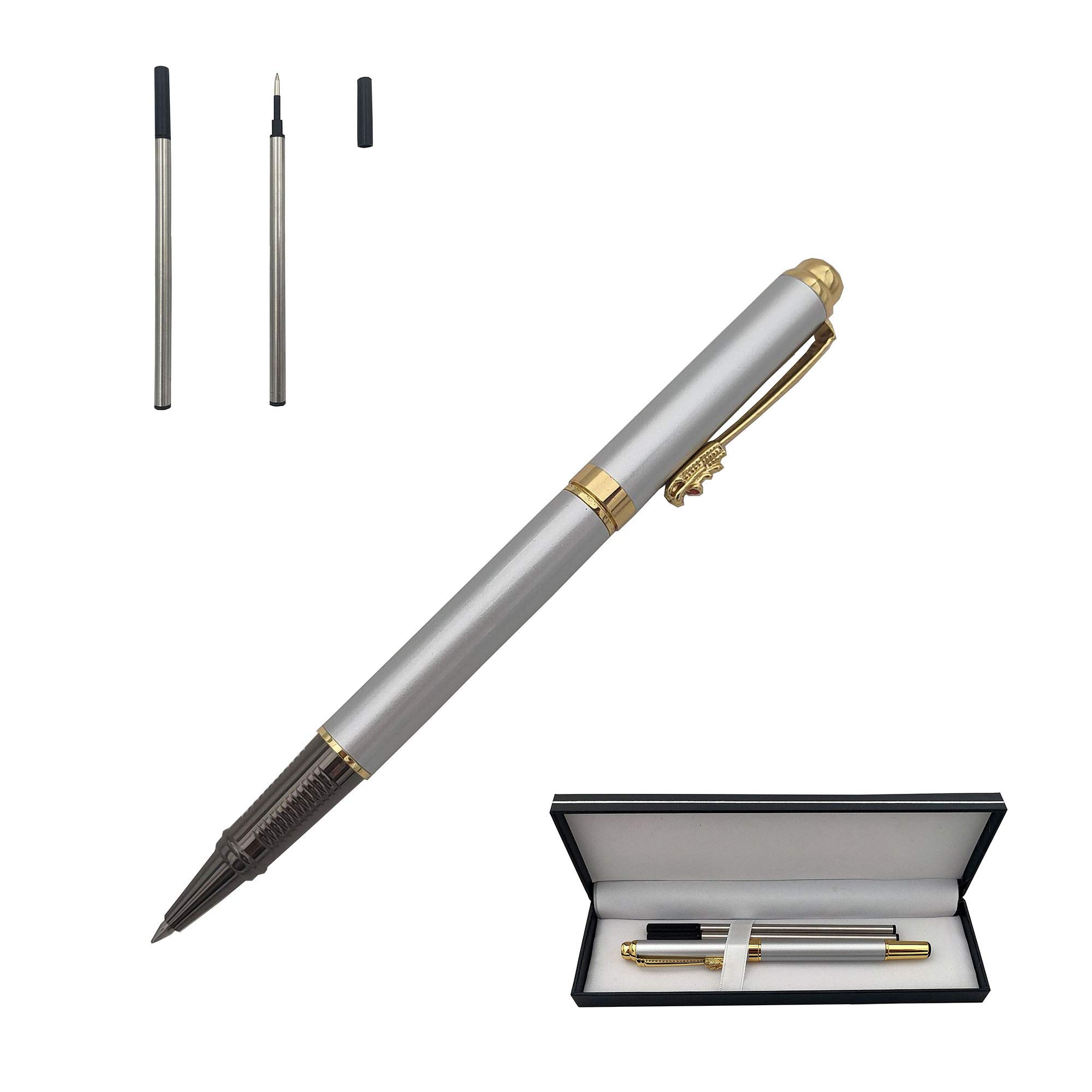 Accod Classic Business Metal Ballpoint Pen Signature Pen Rollerball Gel Pen High-end Gift Box with Two Replaceable Refills for Office Family and Business Partners (Silver)