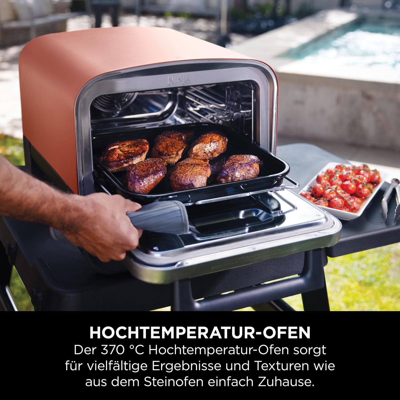 Ninja Woodfire Outdoor-Ofen, 8-in-1-Pizza- Ofen, BBQ-Smoker mit Bratrost, Pro-Heat-Schale, Pizzastein, Holzpellets & Schaufel, elektrisch, 6 Pizza-Einstellungen, Burnt Orange OO101EU 6