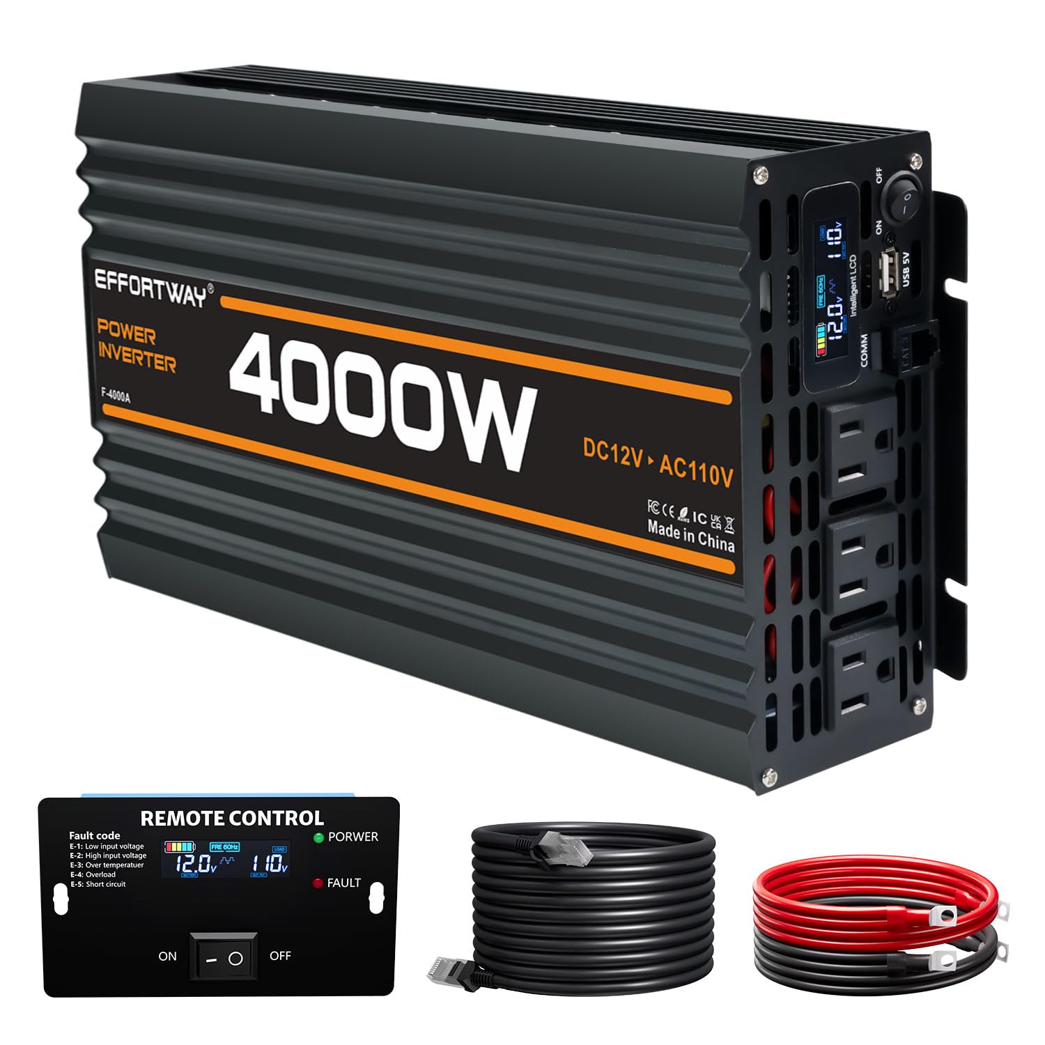 Photo 1 of EFFORTWAY 4000W Power Inverter, 12V DC to 110V/120V Modified Sine Wave Inverter with 3 AC Outlets, USB Port, Wired Remote Controller, Car Power Inverter for RV, Truck, Boat, Camping, Off-Grid