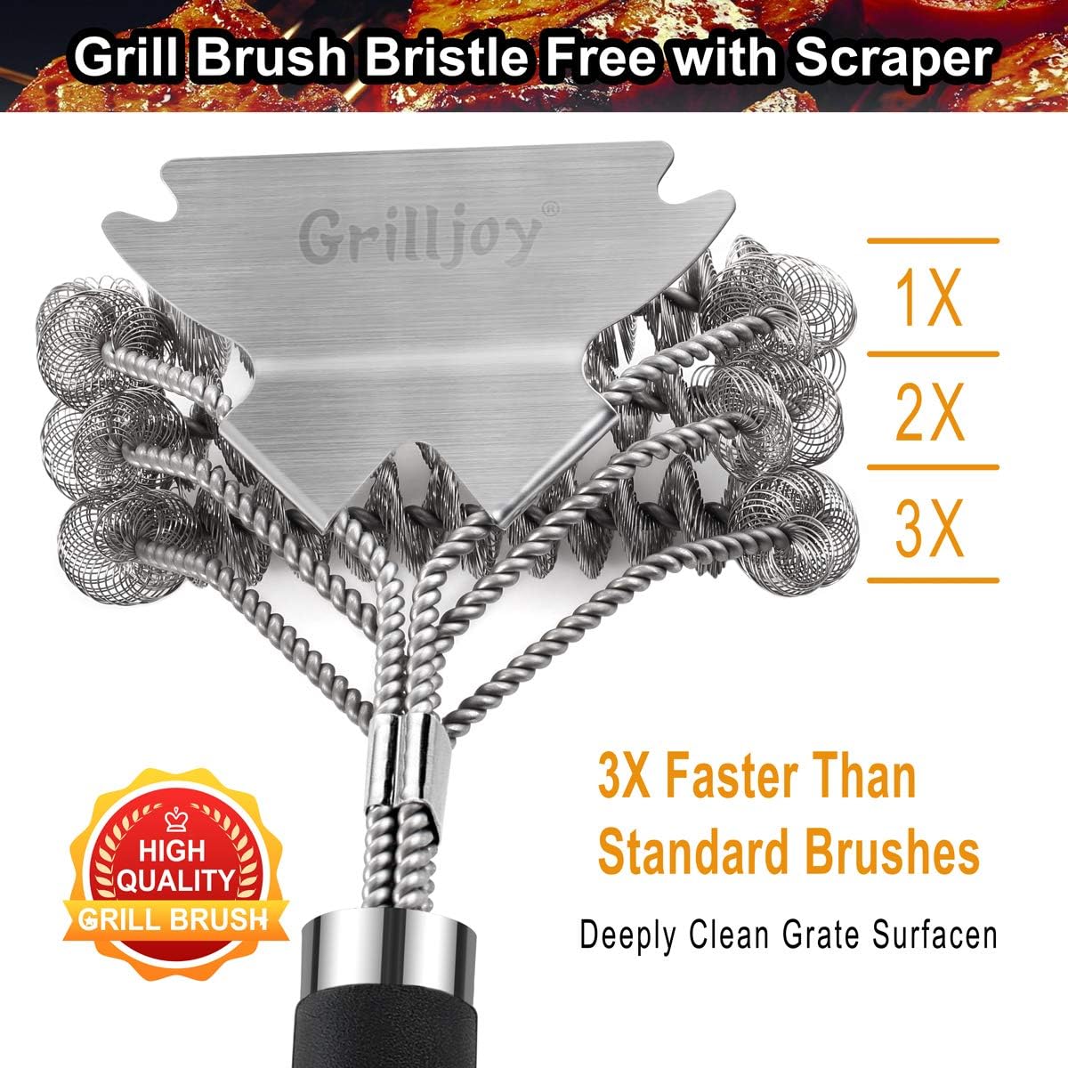 grilljoy 18in Grill Cleaning Brush Bristle Free - Safe BBQ Cleaning Grill Brush with Extra Wide Scraper for Gas/Charcoal Porcelain/Ceramic/Iron/Steel Grill Grates- Ideal BBQ Grill Accessories: Home & Kitchen