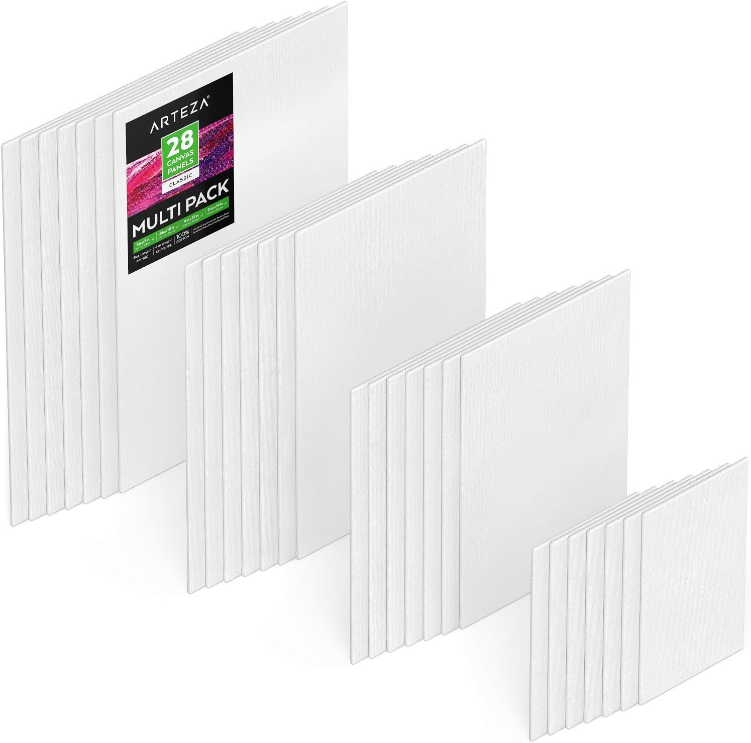 Arteza Painting Canvas Panels Multi Pack, 5x7", 8x10", 9x12", 11x14", Set of 28, Primed White, 100% Cotton with Recycled Board Core, for Acrylic, Oil, Other Wet or Dry Art Media, for Artists: Posters & Prints