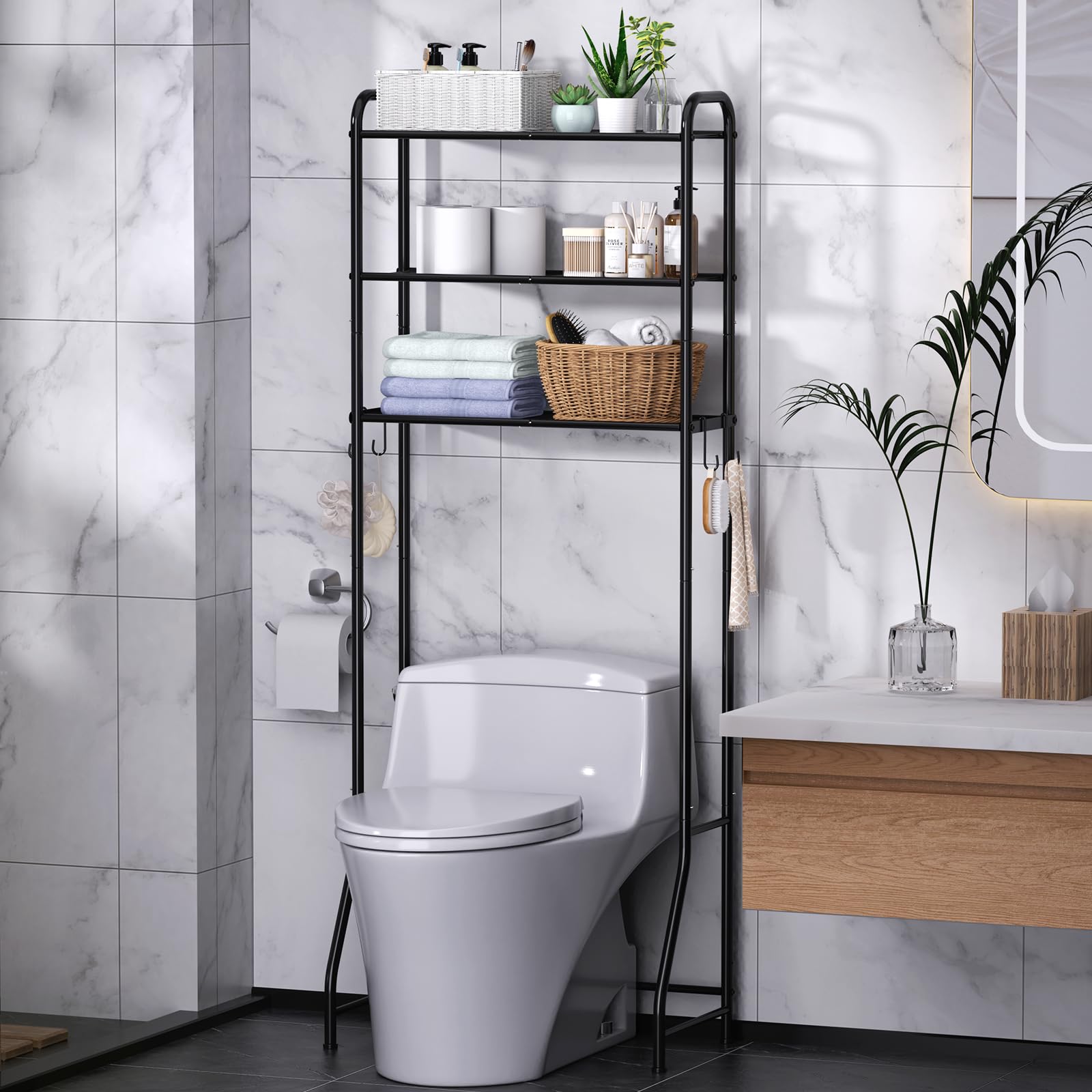 samstar 3 Tier Over The Toilet Storage Rack, Bathroom Organizer Shelves Cabinet Above Toilet, Freestanding Shelf Space Saver, Black