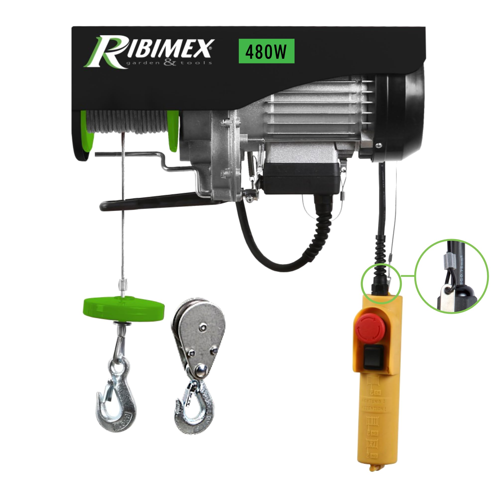 Ribimex PE100/200PT Electric Hoist 100/200 kg, 480 W, Rope 12 m, 230 V, Blue and Black