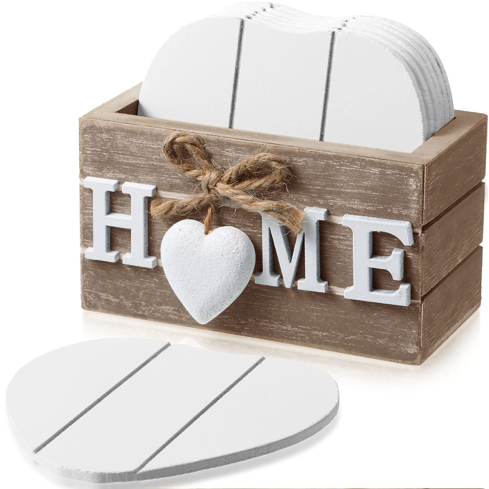 Wooden Heart Coasters Set of 6 With Holder - Farmhouse Coasters for Drinks, Coffee Table Protection - Housewarming Gifts for New Home Decoration, 4 Inch (Brown, Home)