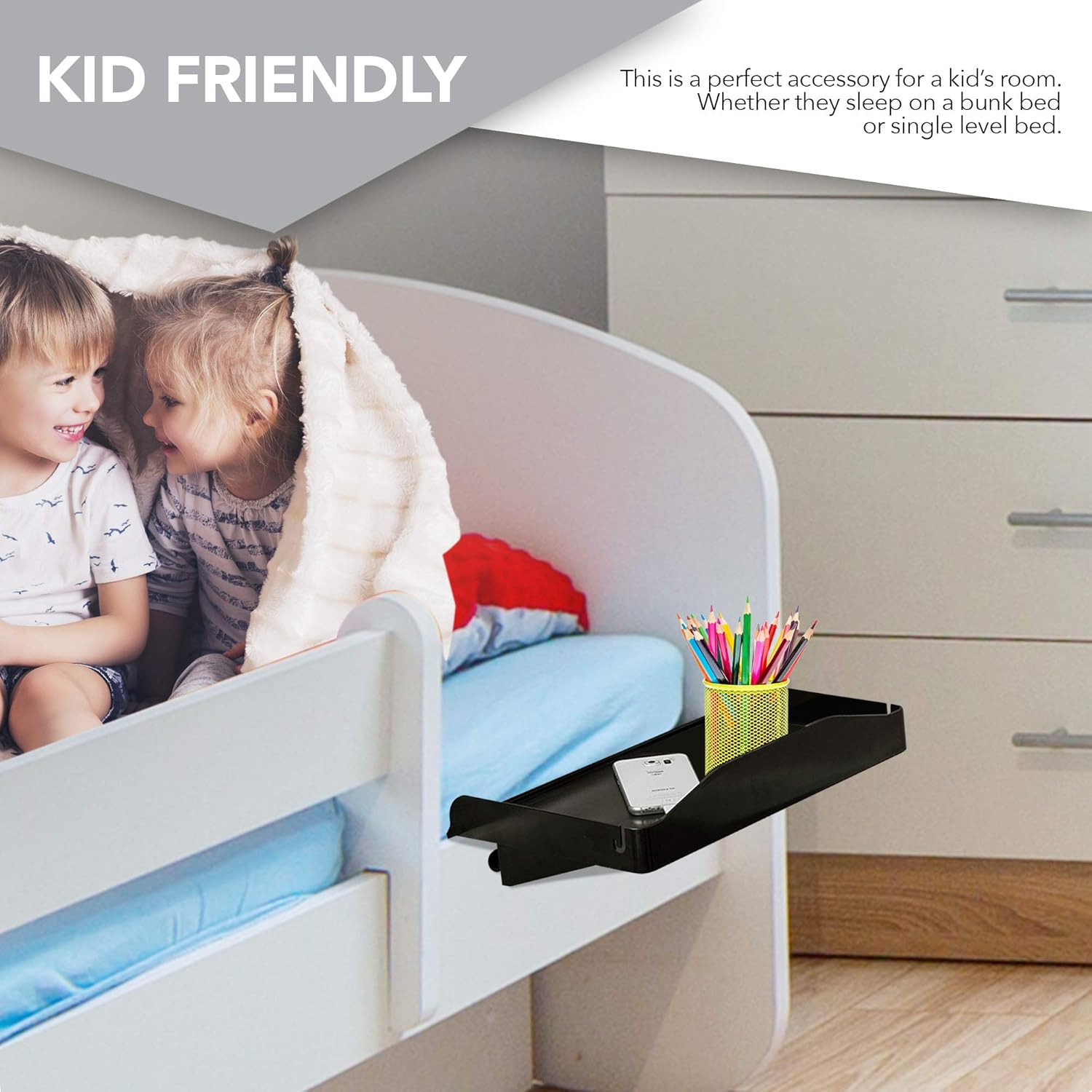 Bedside Shelf for Bed – College Dorm Room Clip On Nightstand with Cup Holder & Cord Holder - Nightstand for Students – Bunk Bed Shelf for Top Bunk – Kids Nightstand for Bedroom (Plastic, Black): Furniture & Decor