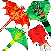 Crogift 4 Pack Kites - Large Fire Dragon Kite Green Snake Devil Fish Red Mollusc Octopus with Long Colorful Tail for Kids Adults Outdoor Game Activities