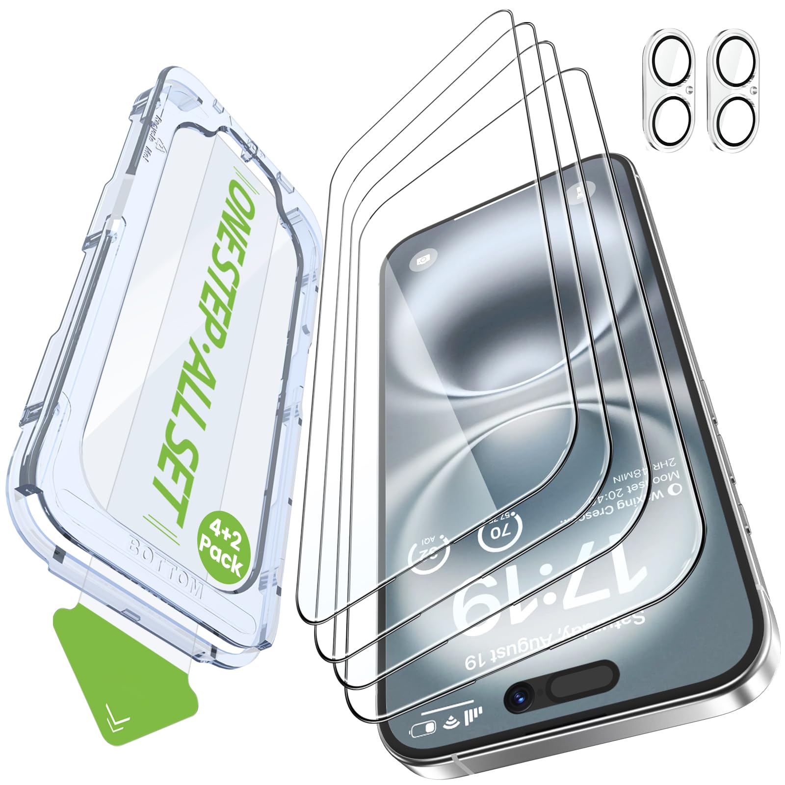 Photo 1 of iGluz 4 Pack for iPhone 16 Screen Protector with 2-Pack Camera Lens Protector[99.99% HD Clear][9H Tempered Glass][Bubble Free][Easy Installation][Smooth Touch][Anti-fingerprint],4+2 Dual Protection