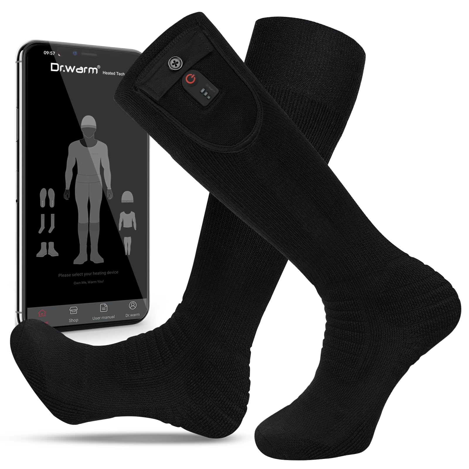 Photo 1 of Dr.Warm Heated Socks with APP Remote Control, 3000mAh 7.4V Rechargeable Battery Heating Socks for Men Women, Winter Foot Warmer for Hunting Ice Fishing Camping Hiking Skiing/Black S